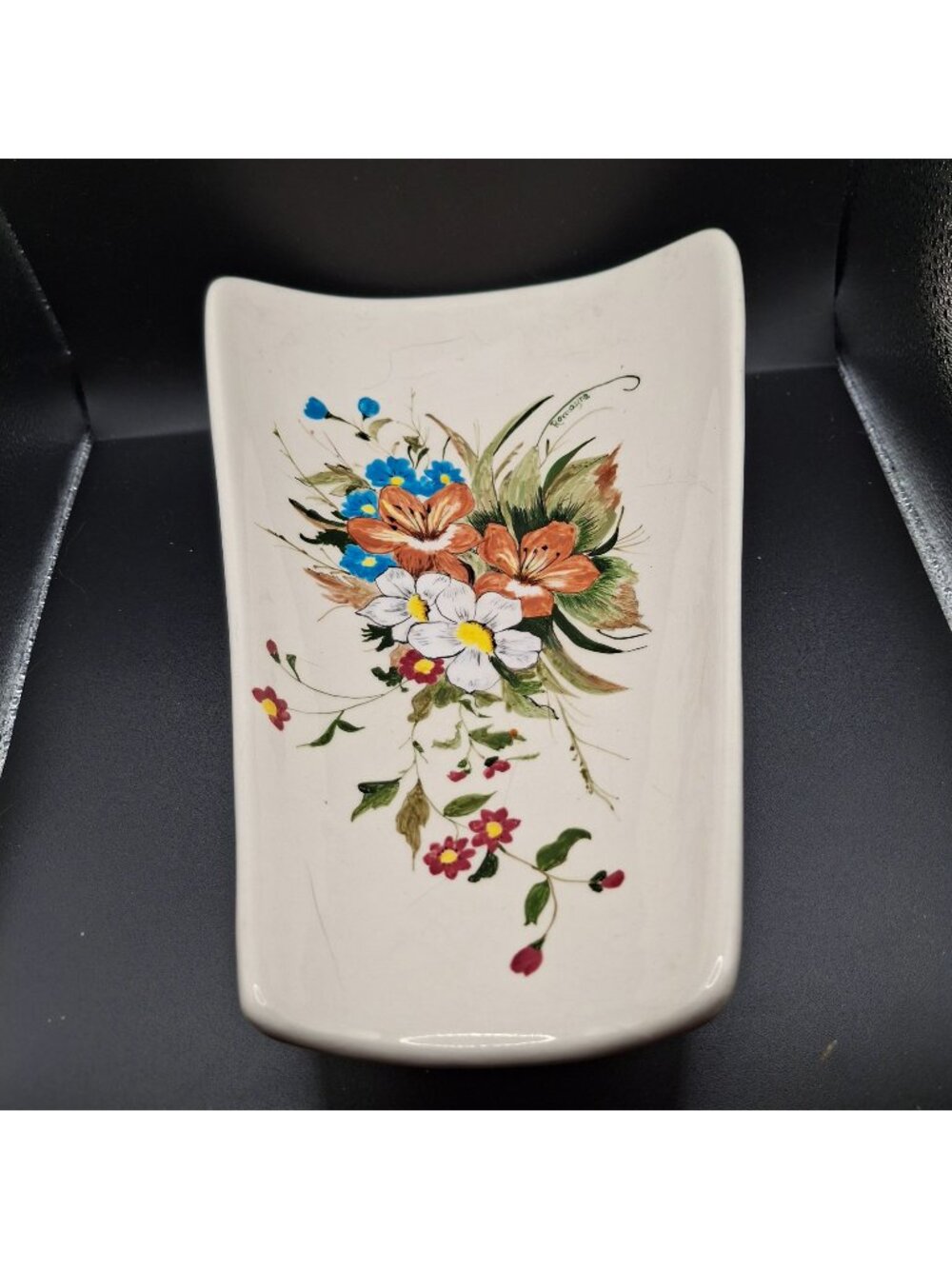 Vintage Hand-Painted Ceramic Floral Asparagus Serving Dish By Ronagine 1974